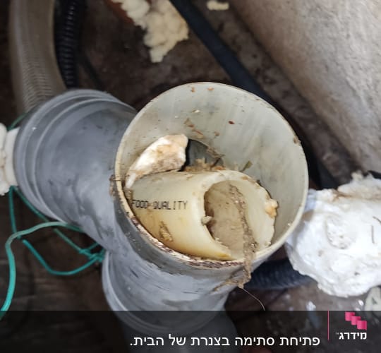 צינור פלסטיק עם לכלוך, יד מחזיקה בצינור